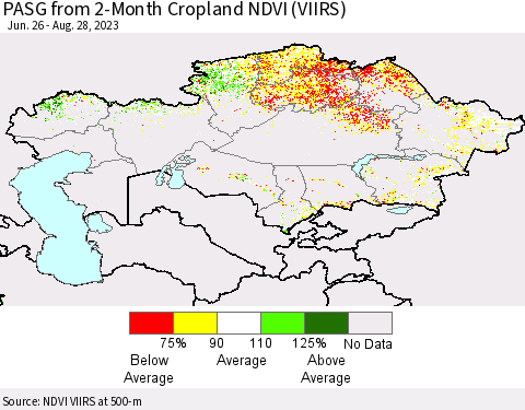 Kazakhstan PASG from 2-Month Cropland NDVI (VIIRS) Thematic Map For 8/21/2023 - 8/28/2023