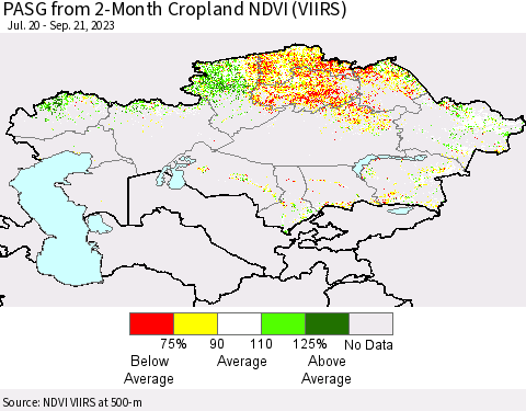 Kazakhstan PASG from 2-Month Cropland NDVI (VIIRS) Thematic Map For 9/14/2023 - 9/21/2023
