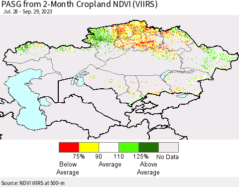 Kazakhstan PASG from 2-Month Cropland NDVI (VIIRS) Thematic Map For 9/22/2023 - 9/29/2023