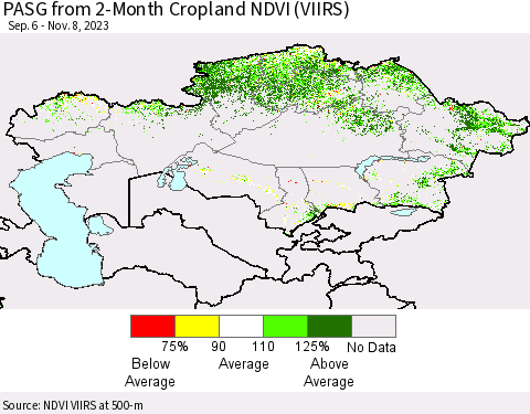 Kazakhstan PASG from 2-Month Cropland NDVI (VIIRS) Thematic Map For 11/1/2023 - 11/8/2023