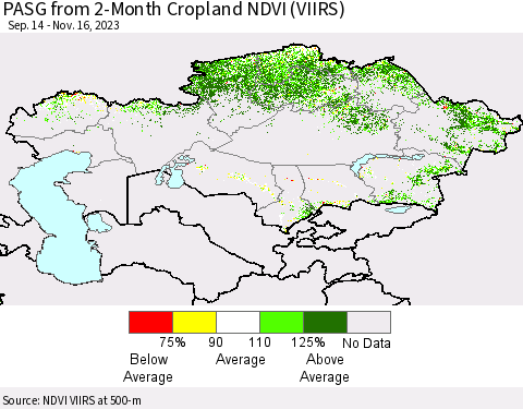Kazakhstan PASG from 2-Month Cropland NDVI (VIIRS) Thematic Map For 11/9/2023 - 11/16/2023