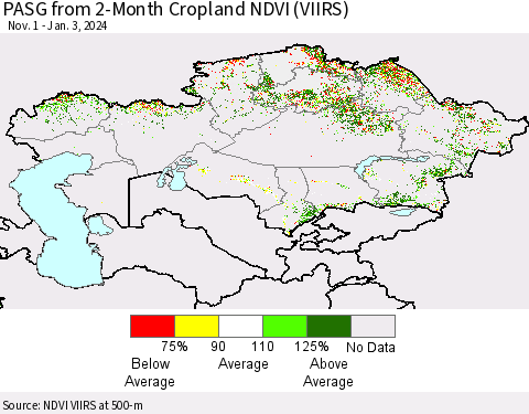 Kazakhstan PASG from 2-Month Cropland NDVI (VIIRS) Thematic Map For 12/27/2023 - 1/3/2024
