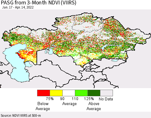 Kazakhstan PASG from 3-Month NDVI (VIIRS) Thematic Map For 4/7/2022 - 4/14/2022