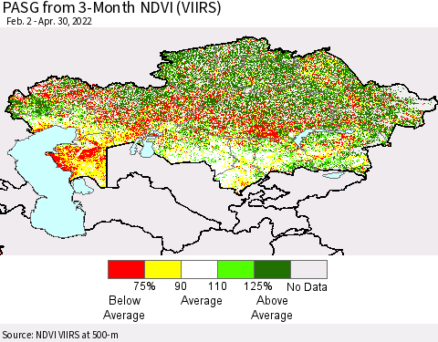 Kazakhstan PASG from 3-Month NDVI (VIIRS) Thematic Map For 4/23/2022 - 4/30/2022
