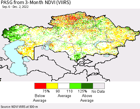 Kazakhstan PASG from 3-Month NDVI (VIIRS) Thematic Map For 11/25/2022 - 12/2/2022