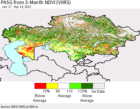 Kazakhstan PASG from 3-Month NDVI (VIIRS) Thematic Map For 4/7/2023 - 4/14/2023