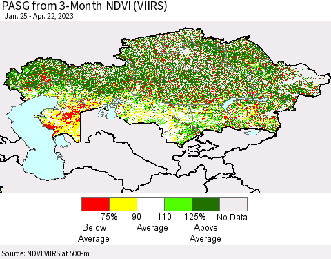 Kazakhstan PASG from 3-Month NDVI (VIIRS) Thematic Map For 4/15/2023 - 4/22/2023