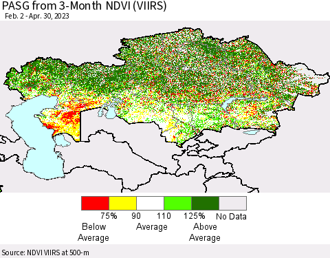 Kazakhstan PASG from 3-Month NDVI (VIIRS) Thematic Map For 4/23/2023 - 4/30/2023