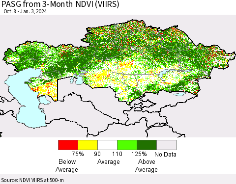 Kazakhstan PASG from 3-Month NDVI (VIIRS) Thematic Map For 12/27/2023 - 1/3/2024