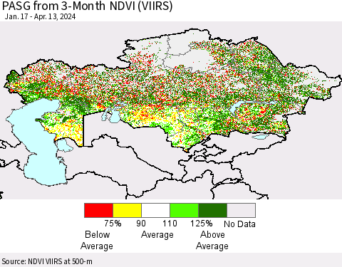 Kazakhstan PASG from 3-Month NDVI (VIIRS) Thematic Map For 4/6/2024 - 4/13/2024