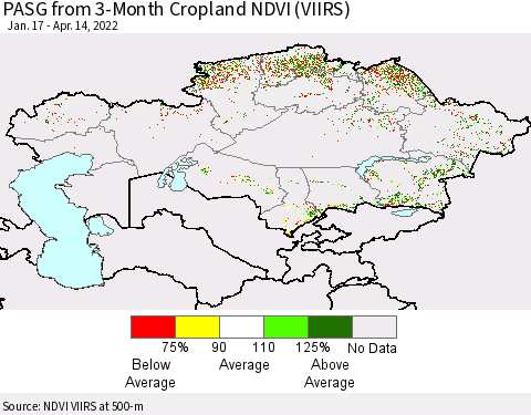 Kazakhstan PASG from 3-Month Cropland NDVI (VIIRS) Thematic Map For 4/7/2022 - 4/14/2022
