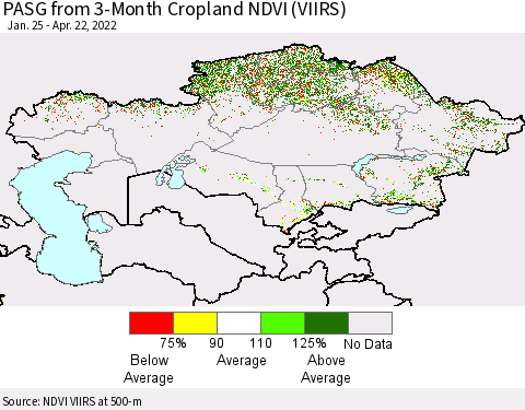 Kazakhstan PASG from 3-Month Cropland NDVI (VIIRS) Thematic Map For 4/15/2022 - 4/22/2022