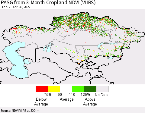 Kazakhstan PASG from 3-Month Cropland NDVI (VIIRS) Thematic Map For 4/23/2022 - 4/30/2022