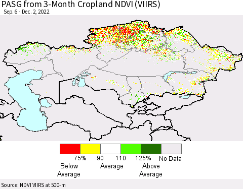 Kazakhstan PASG from 3-Month Cropland NDVI (VIIRS) Thematic Map For 11/25/2022 - 12/2/2022