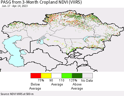 Kazakhstan PASG from 3-Month Cropland NDVI (VIIRS) Thematic Map For 4/7/2023 - 4/14/2023