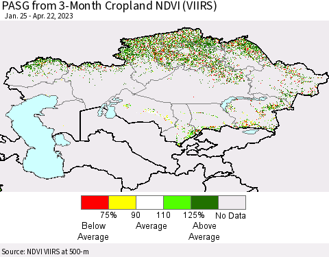 Kazakhstan PASG from 3-Month Cropland NDVI (VIIRS) Thematic Map For 4/15/2023 - 4/22/2023