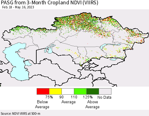 Kazakhstan PASG from 3-Month Cropland NDVI (VIIRS) Thematic Map For 5/9/2023 - 5/16/2023