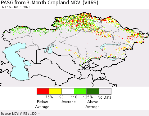 Kazakhstan PASG from 3-Month Cropland NDVI (VIIRS) Thematic Map For 5/25/2023 - 6/1/2023