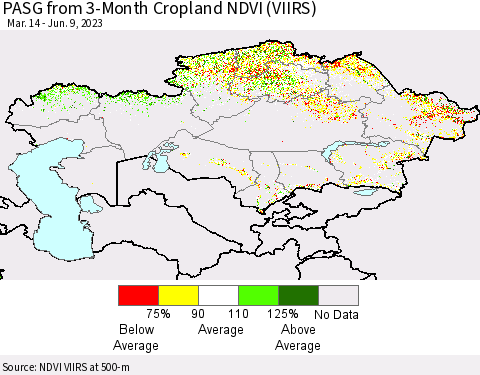 Kazakhstan PASG from 3-Month Cropland NDVI (VIIRS) Thematic Map For 6/2/2023 - 6/9/2023