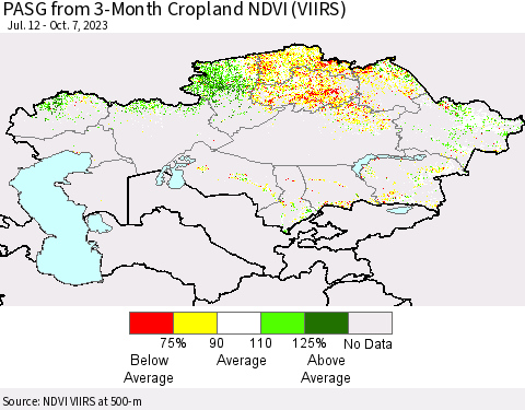Kazakhstan PASG from 3-Month Cropland NDVI (VIIRS) Thematic Map For 9/30/2023 - 10/7/2023