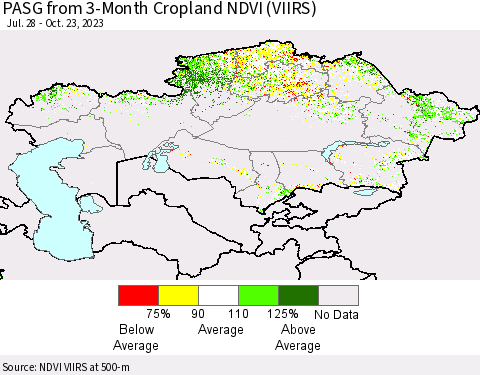 Kazakhstan PASG from 3-Month Cropland NDVI (VIIRS) Thematic Map For 10/16/2023 - 10/23/2023