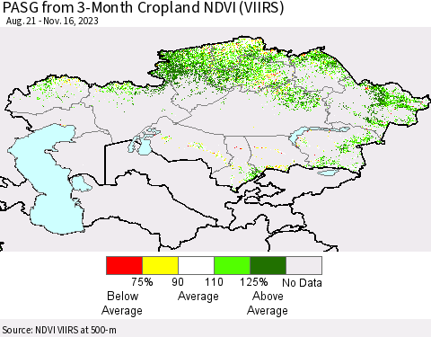 Kazakhstan PASG from 3-Month Cropland NDVI (VIIRS) Thematic Map For 11/9/2023 - 11/16/2023