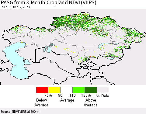 Kazakhstan PASG from 3-Month Cropland NDVI (VIIRS) Thematic Map For 11/25/2023 - 12/2/2023