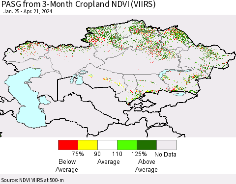 Kazakhstan PASG from 3-Month Cropland NDVI (VIIRS) Thematic Map For 4/14/2024 - 4/21/2024