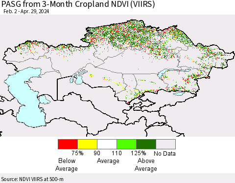 Kazakhstan PASG from 3-Month Cropland NDVI (VIIRS) Thematic Map For 4/22/2024 - 4/29/2024
