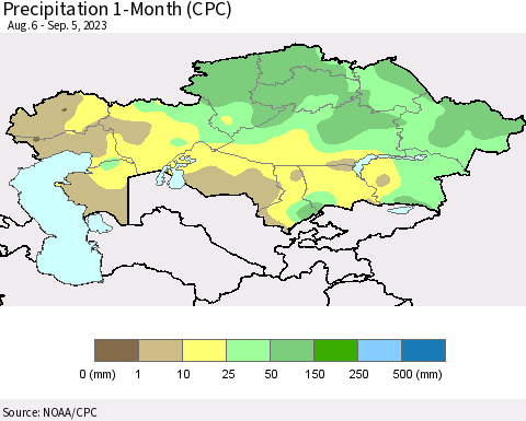 Kazakhstan Precipitation 1-Month (CPC) Thematic Map For 8/6/2023 - 9/5/2023