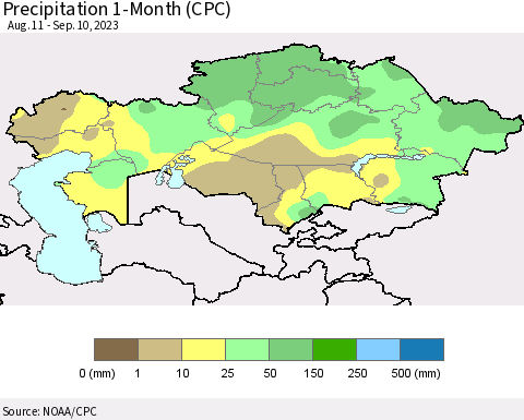 Kazakhstan Precipitation 1-Month (CPC) Thematic Map For 8/11/2023 - 9/10/2023