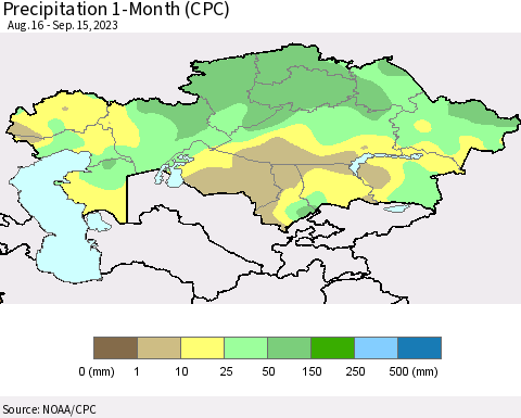 Kazakhstan Precipitation 1-Month (CPC) Thematic Map For 8/16/2023 - 9/15/2023