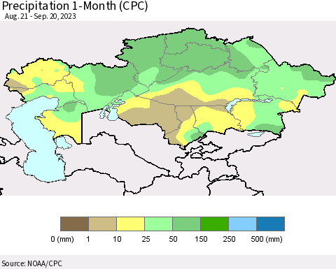 Kazakhstan Precipitation 1-Month (CPC) Thematic Map For 8/21/2023 - 9/20/2023
