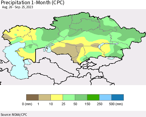 Kazakhstan Precipitation 1-Month (CPC) Thematic Map For 8/26/2023 - 9/25/2023