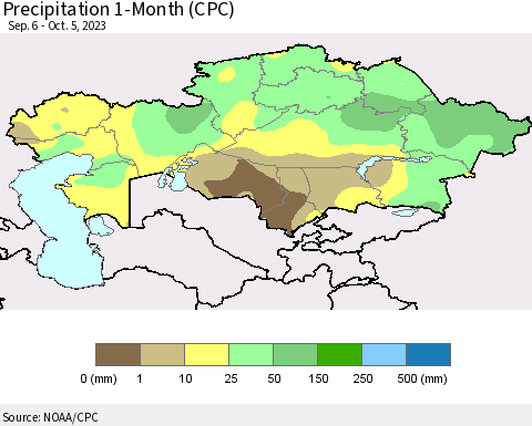 Kazakhstan Precipitation 1-Month (CPC) Thematic Map For 9/6/2023 - 10/5/2023