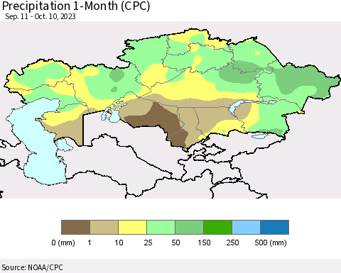 Kazakhstan Precipitation 1-Month (CPC) Thematic Map For 9/11/2023 - 10/10/2023