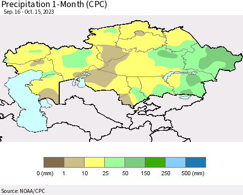 Kazakhstan Precipitation 1-Month (CPC) Thematic Map For 9/16/2023 - 10/15/2023
