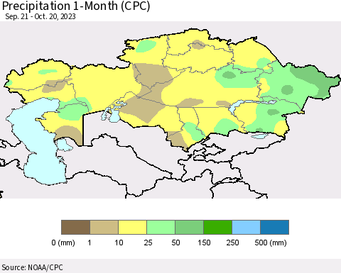 Kazakhstan Precipitation 1-Month (CPC) Thematic Map For 9/21/2023 - 10/20/2023