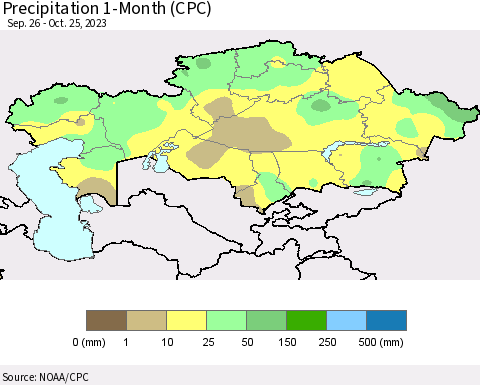 Kazakhstan Precipitation 1-Month (CPC) Thematic Map For 9/26/2023 - 10/25/2023