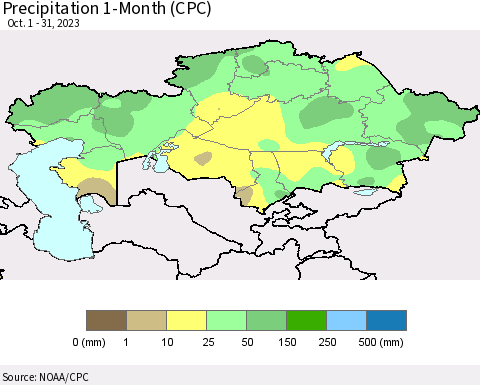 Kazakhstan Precipitation 1-Month (CPC) Thematic Map For 10/1/2023 - 10/31/2023