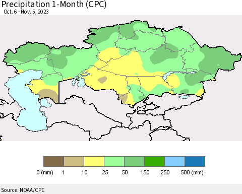 Kazakhstan Precipitation 1-Month (CPC) Thematic Map For 10/6/2023 - 11/5/2023