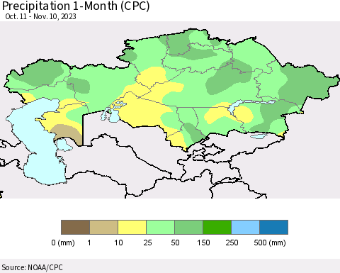 Kazakhstan Precipitation 1-Month (CPC) Thematic Map For 10/11/2023 - 11/10/2023