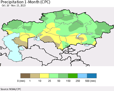 Kazakhstan Precipitation 1-Month (CPC) Thematic Map For 10/16/2023 - 11/15/2023