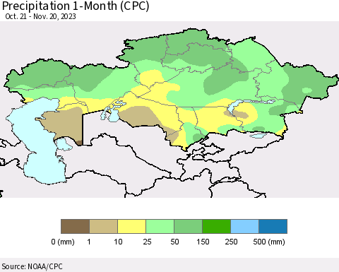Kazakhstan Precipitation 1-Month (CPC) Thematic Map For 10/21/2023 - 11/20/2023
