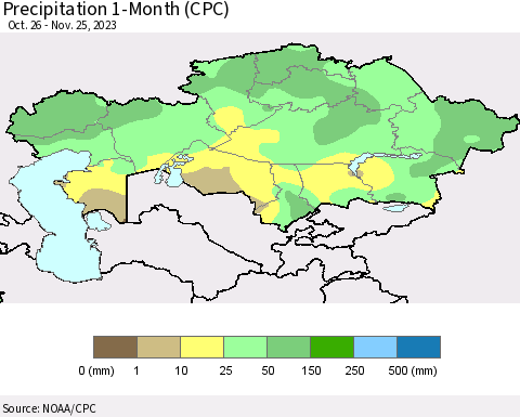 Kazakhstan Precipitation 1-Month (CPC) Thematic Map For 10/26/2023 - 11/25/2023