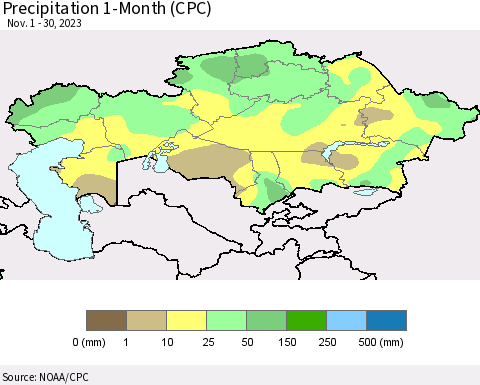Kazakhstan Precipitation 1-Month (CPC) Thematic Map For 11/1/2023 - 11/30/2023