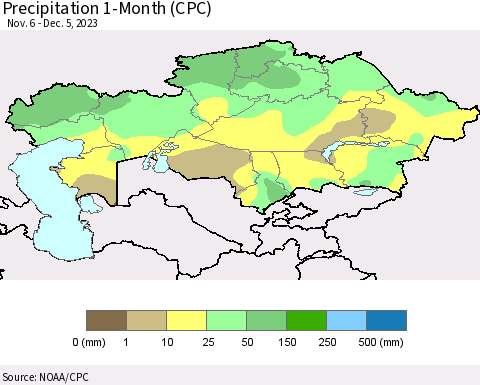 Kazakhstan Precipitation 1-Month (CPC) Thematic Map For 11/6/2023 - 12/5/2023