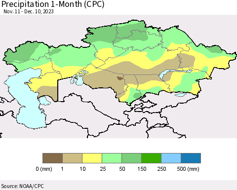 Kazakhstan Precipitation 1-Month (CPC) Thematic Map For 11/11/2023 - 12/10/2023