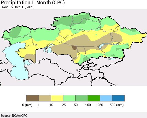 Kazakhstan Precipitation 1-Month (CPC) Thematic Map For 11/16/2023 - 12/15/2023