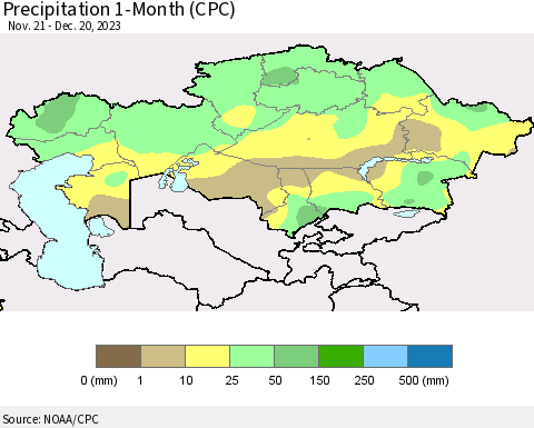 Kazakhstan Precipitation 1-Month (CPC) Thematic Map For 11/21/2023 - 12/20/2023